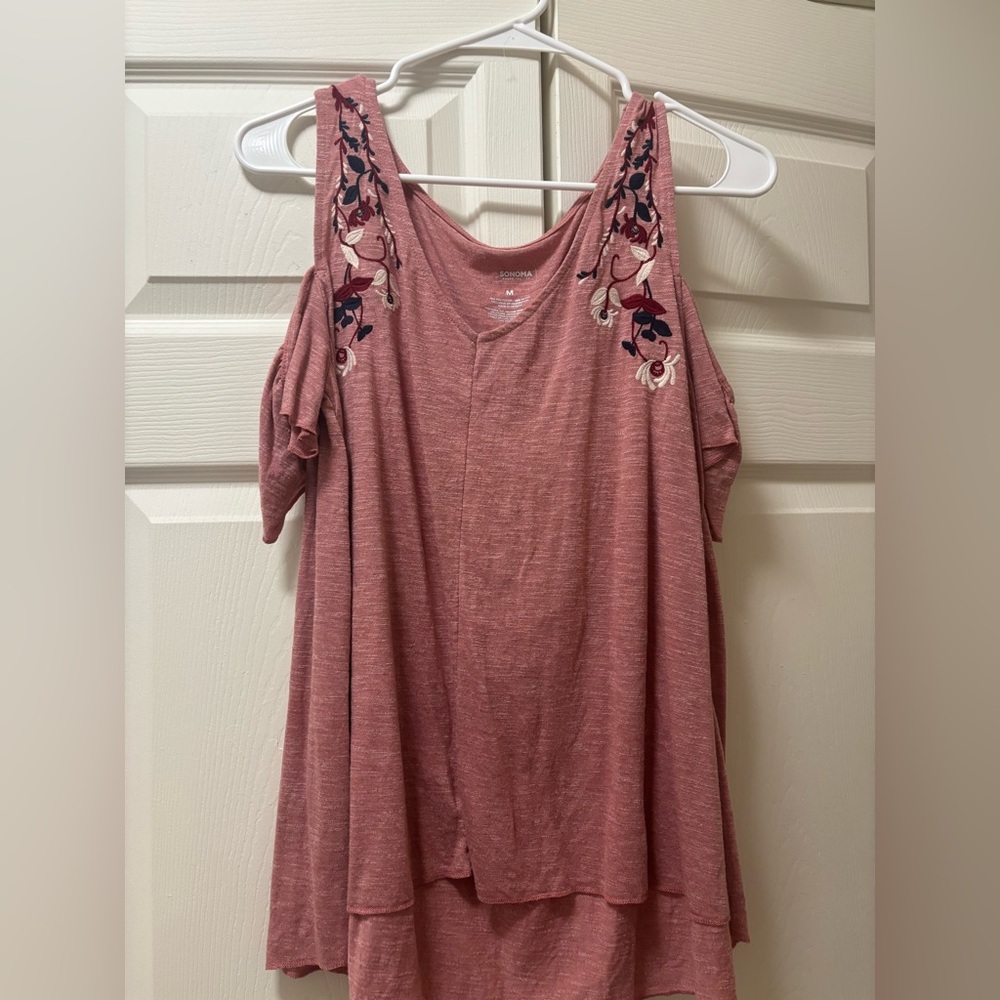 Sonoma Pink Cold Shoulder Top with Floral Embroidery